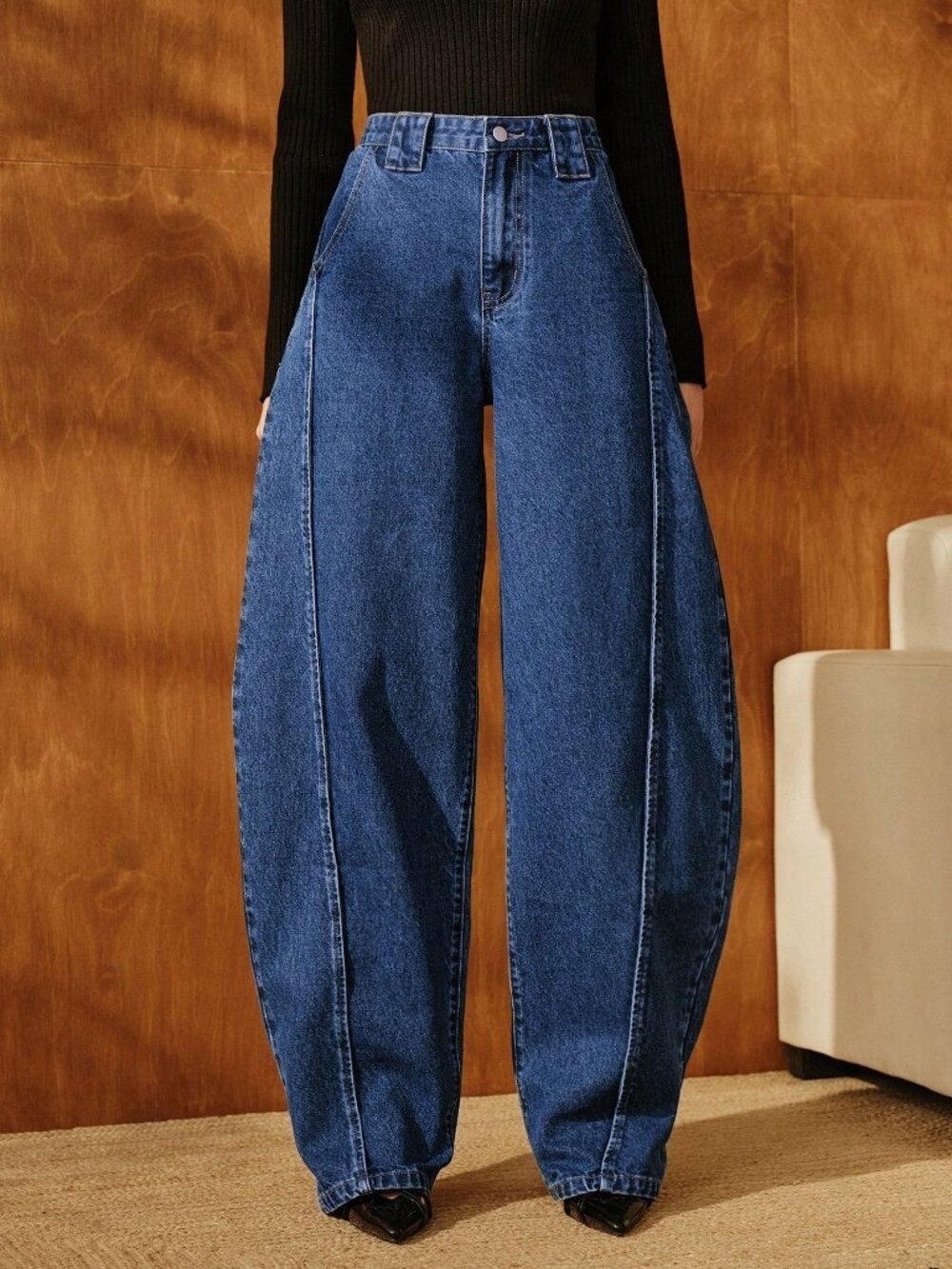 Blue Casual Women's Loose Baggy Mid Waist Long Tapered Carrot Pants - Picture 7 of 7